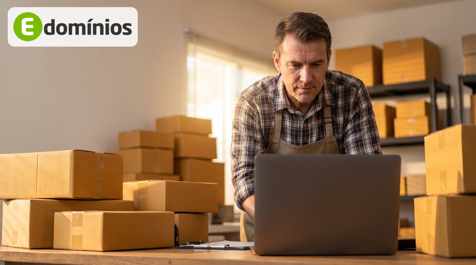 Dono de loja confere no notebook o site da empresa em meio a caixas de pedidos prontas para envio