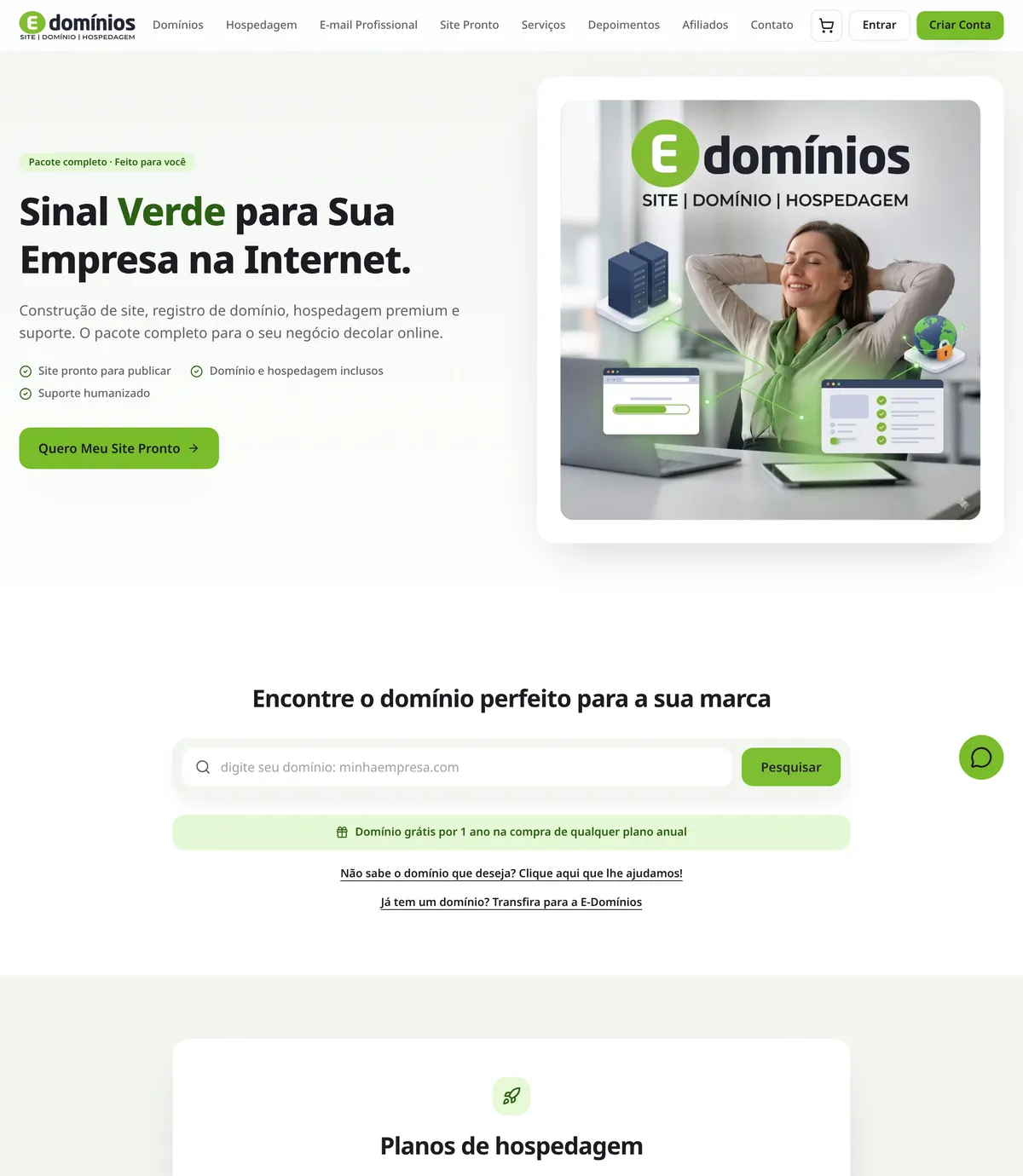 Página inicial da E-Domínios com o campo de busca de domínios em destaque