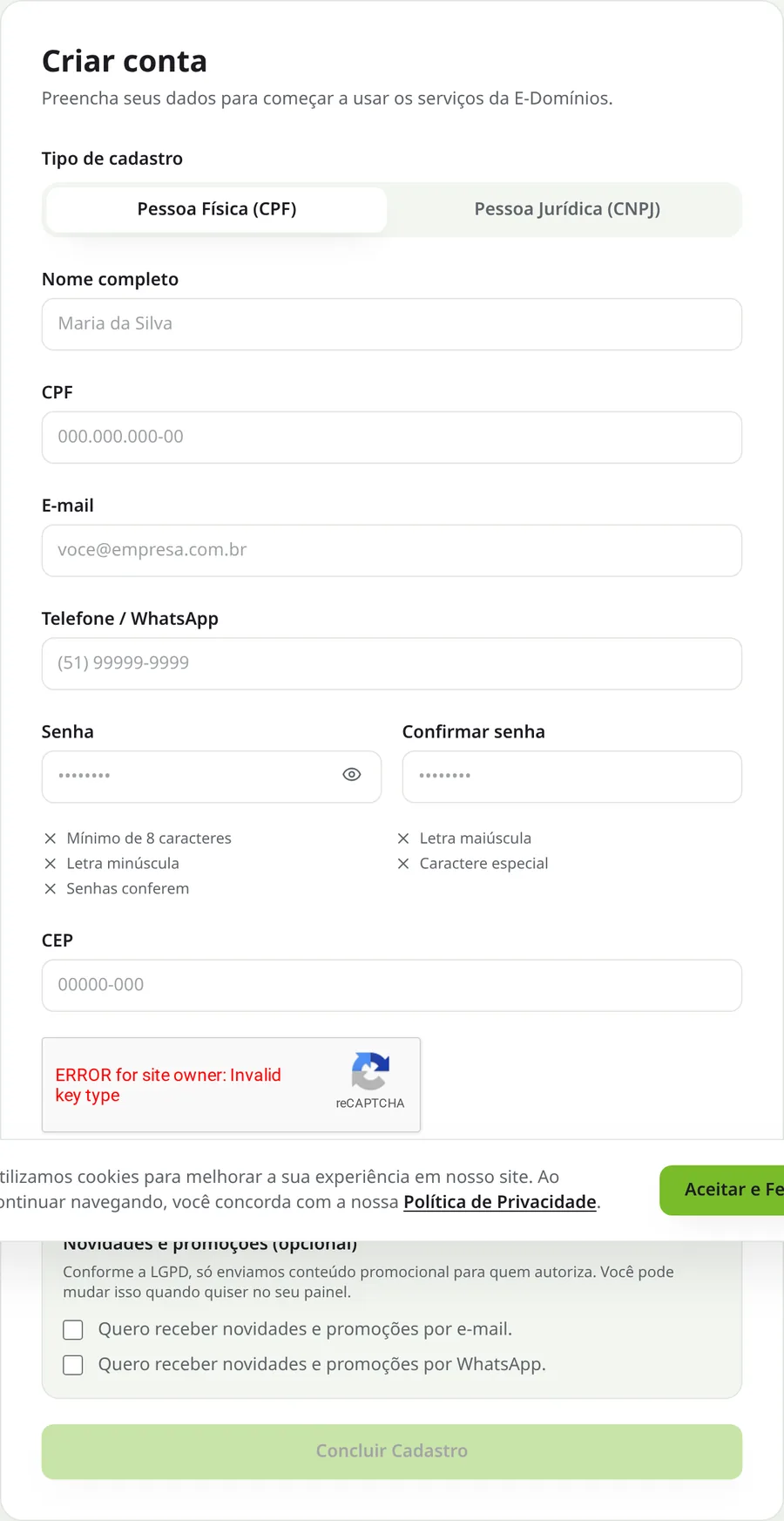 Formulário de criação de conta da E-Domínios
