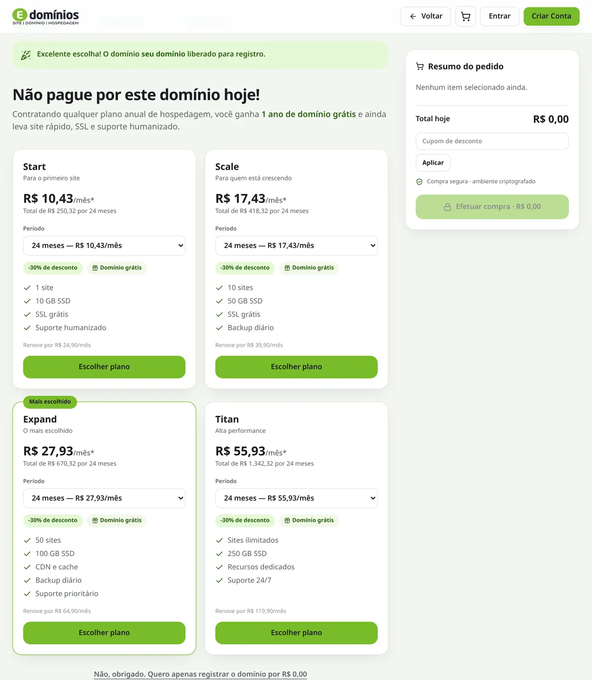 Tela de checkout da E-Domínios com o resumo do pedido