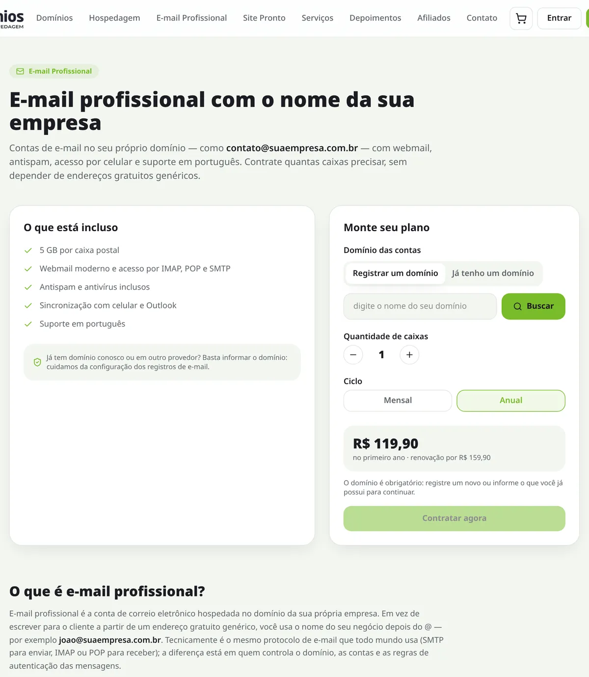 Página de e-mail profissional com a escolha de contas e periodicidade