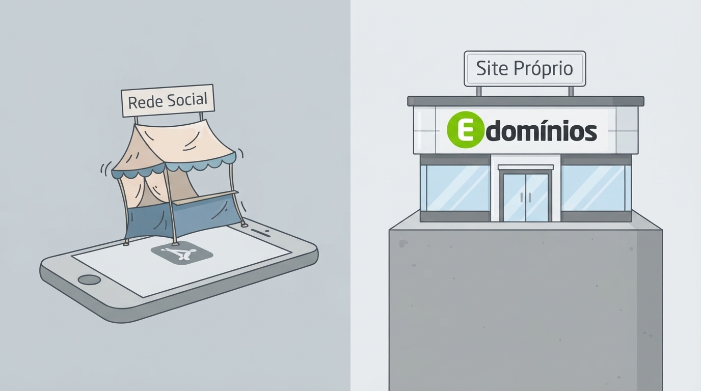 Ilustração no formato horizontal mostrando uma loja instável apoiada em um celular gigante, representando o risco das redes sociais, em contraste com uma loja sólida e brilhante construída sobre um terreno firme, representando um site próprio.