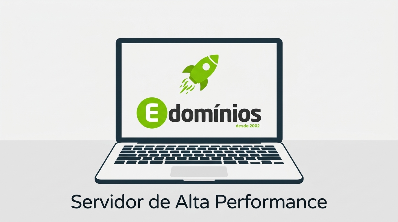 Ilustração no formato paisagem de um notebook moderno com a tela exibindo um foguete decolando e o selo de site seguro.