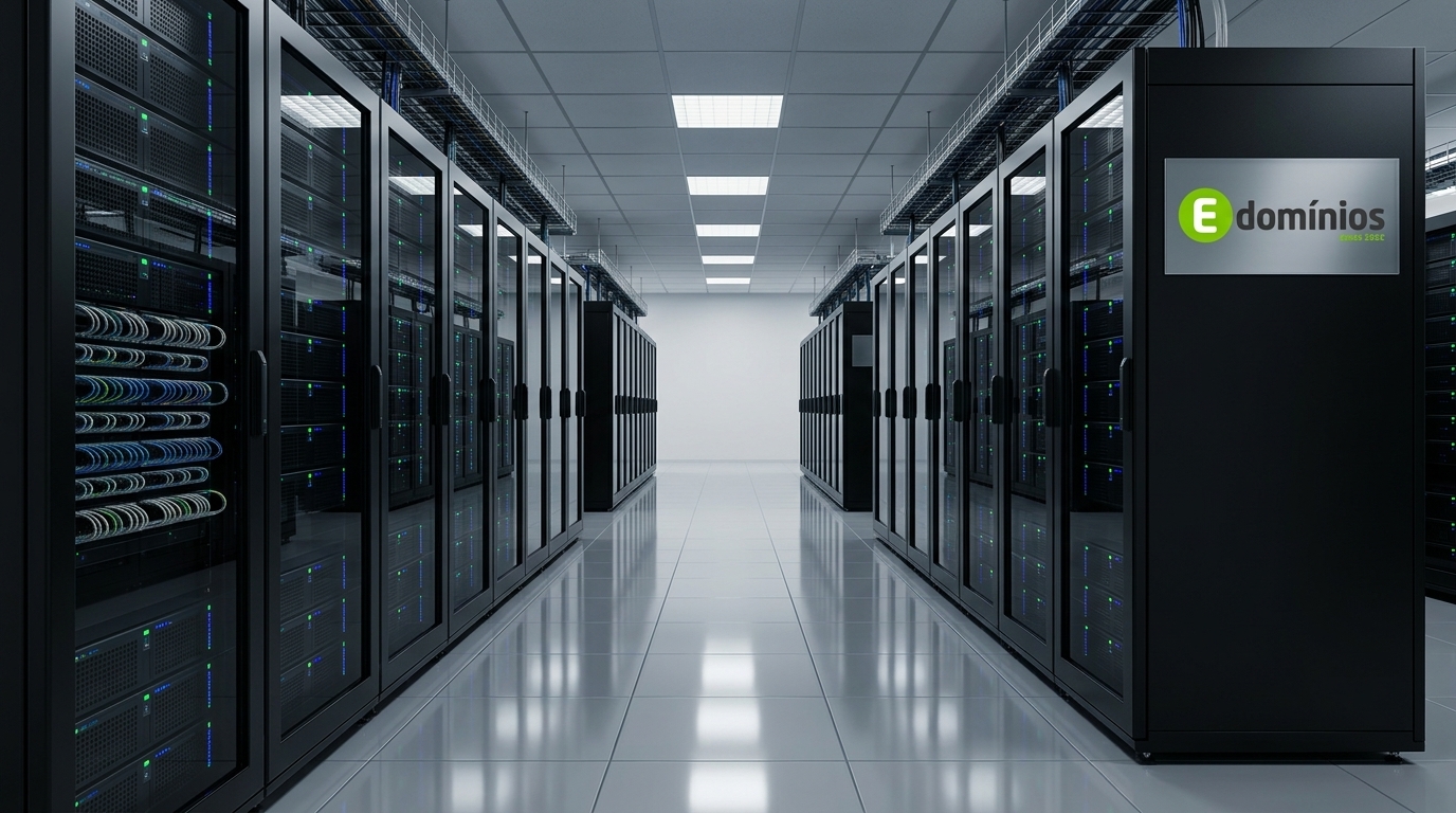 Fotografia ultra-realista em formato horizontal de um corredor de Data Center moderno com racks de servidores pretos, cabos organizados e luzes LED azuis.