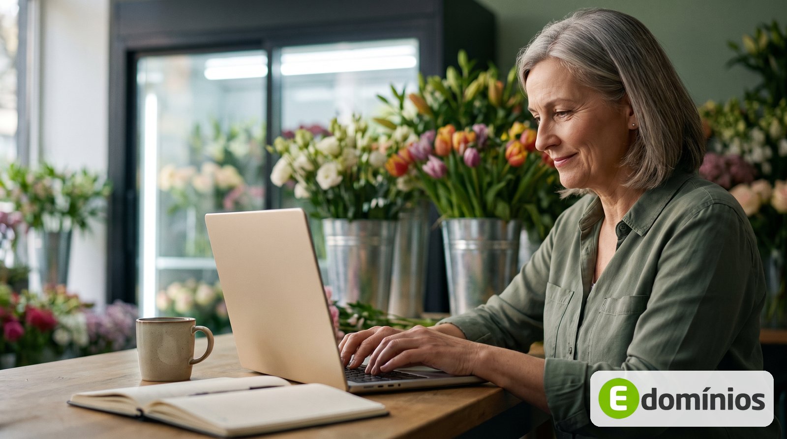 Dona de floricultura atualiza as informações do site da loja no notebook, cercada de flores