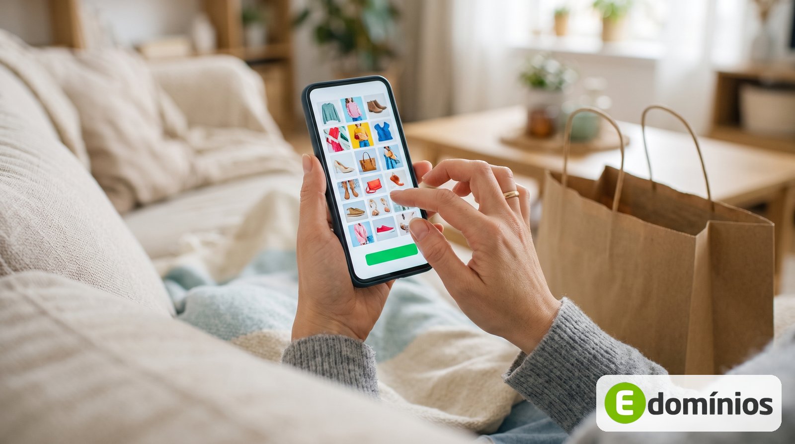Cliente navega por um site de loja no celular, com sacolas de compras ao lado