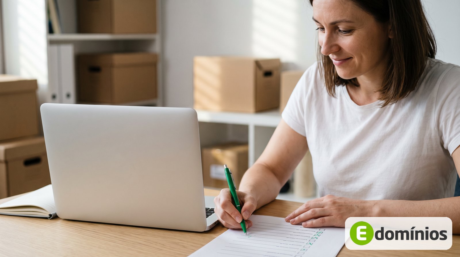 Empreendedora marca itens de uma lista de verificação ao lado do notebook, preparando a loja para a Black Friday